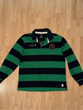 Pierre Cardin Green and Black Striped Long Sleeve Rugby Shirt